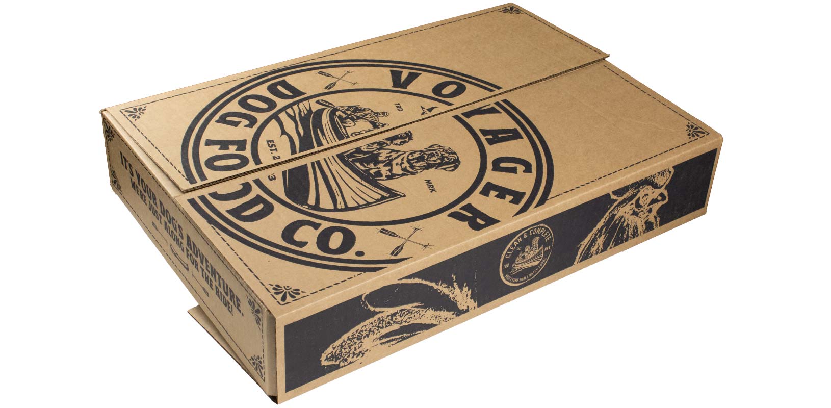 custom printed cardboard box with detailed graphics for voyager dog food company