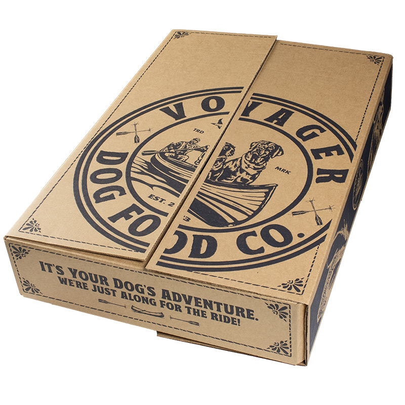 front view of a custom printed box for voyager dog food company