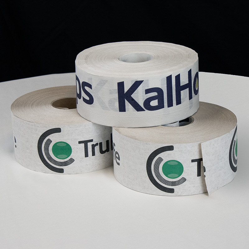 white reinforced custom printed tape with logo graphics printed along the tape